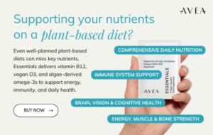 Hand holding AVEA Essentials sachet highlighting vegan vitamin B12, vitamin D3 and algae-derived omega-3 for plant-based nutrient support