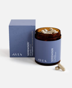 Open AVEA Sereniser jar with capsules beside it, shown next to its blue product box on a light background.