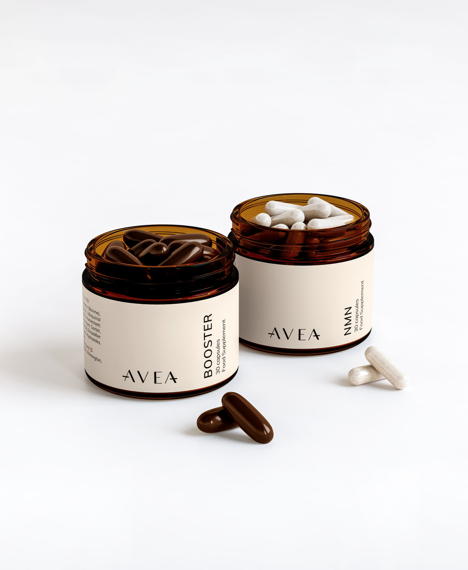 AVEA Vitality Bundle with open Booster and NMN supplement jars, showing softgels and capsules on a clean white background.