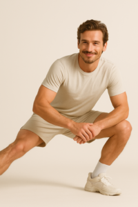 Uomo sportivo sorridente esegue un affondo laterale su sfondo chiaro, trasmettendo forza, mobilità e benessere fisico.