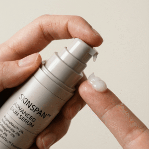 Close-up of SkinSpan Advanced Skin Serum being dispensed onto a fingertip.